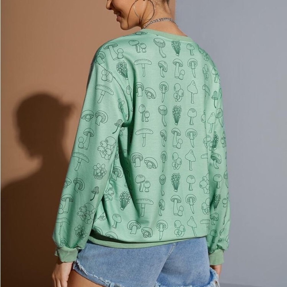 SHEIN X Saramiel Art Mushroom Print Drop Shoulder Sweatshirt, Green, Small, NWT - Picture 2 of 8